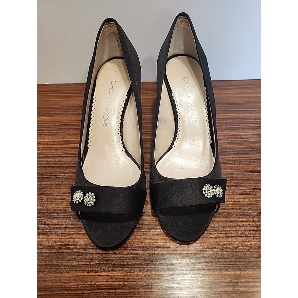 CAPARROS Black Women's STUDDED CRYSTALS Peep Toe Evening Shoe Heel Size 8 1/2